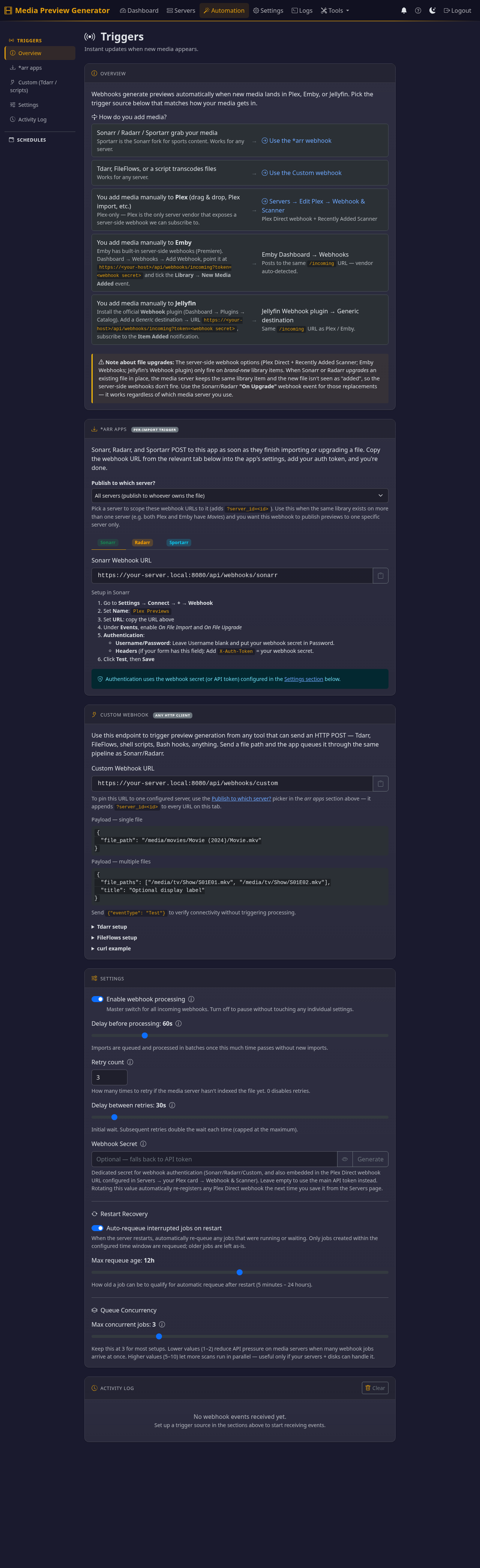 Automation page Triggers tab listing trigger sources for Sonarr / Radarr / Tdarr / per-vendor manual imports