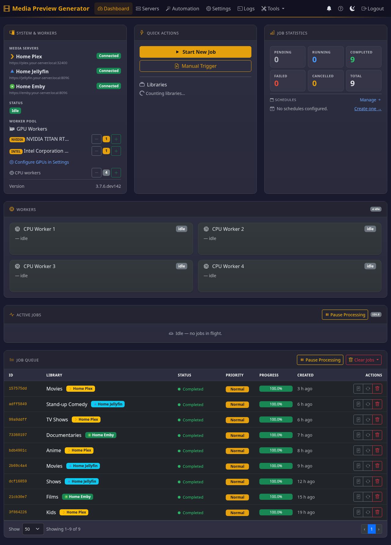 Dashboard showing connected Plex / Jellyfin / Emby servers, GPU workers, and job statistics