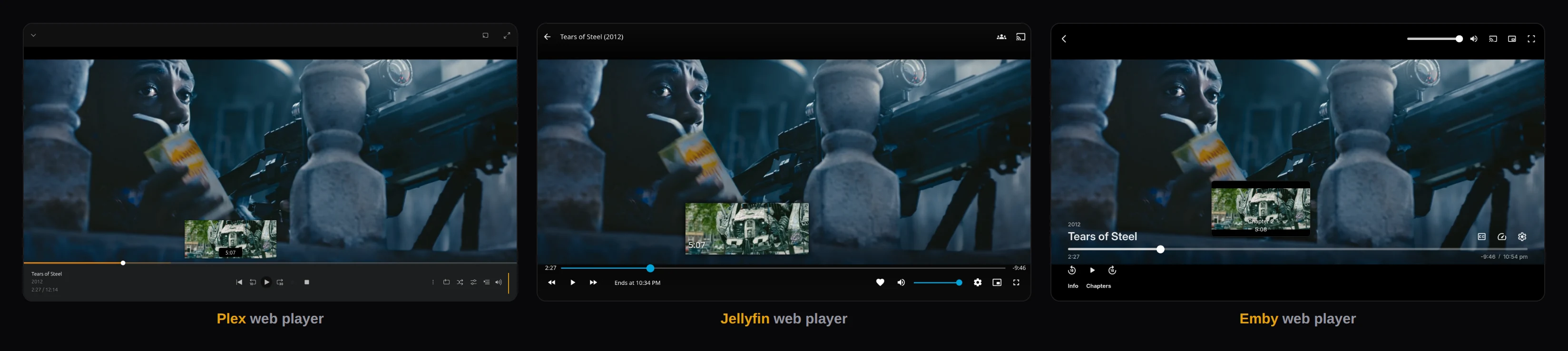 Tears of Steel in the Plex, Jellyfin and Emby web players, each showing a preview thumbnail over the seek bar
