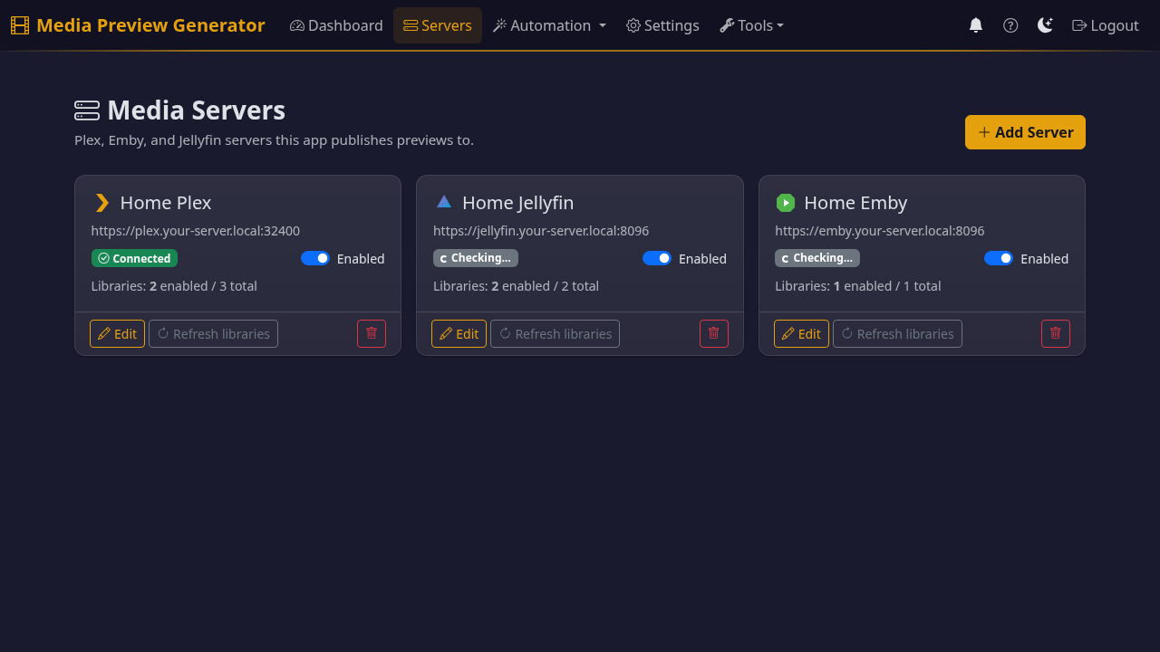 Servers page with one card per Plex / Jellyfin / Emby server, each showing connection status and library count