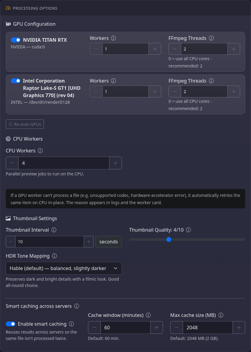 Settings — Processing Options card with per-GPU configuration for an NVIDIA TITAN RTX and Intel UHD 770, CPU workers, and thumbnail quality