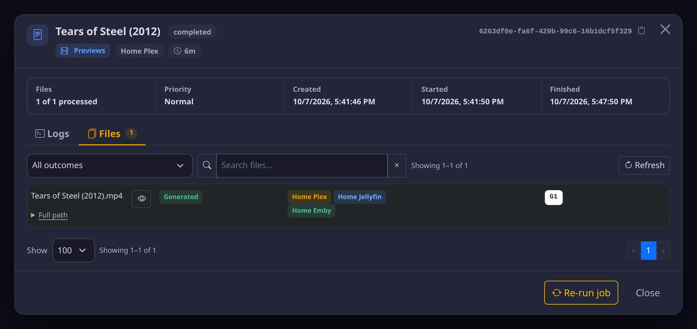A completed job's details with the Files tab open: one file marked Generated, with Home Plex, Home Jellyfin and Home Emby listed as its servers