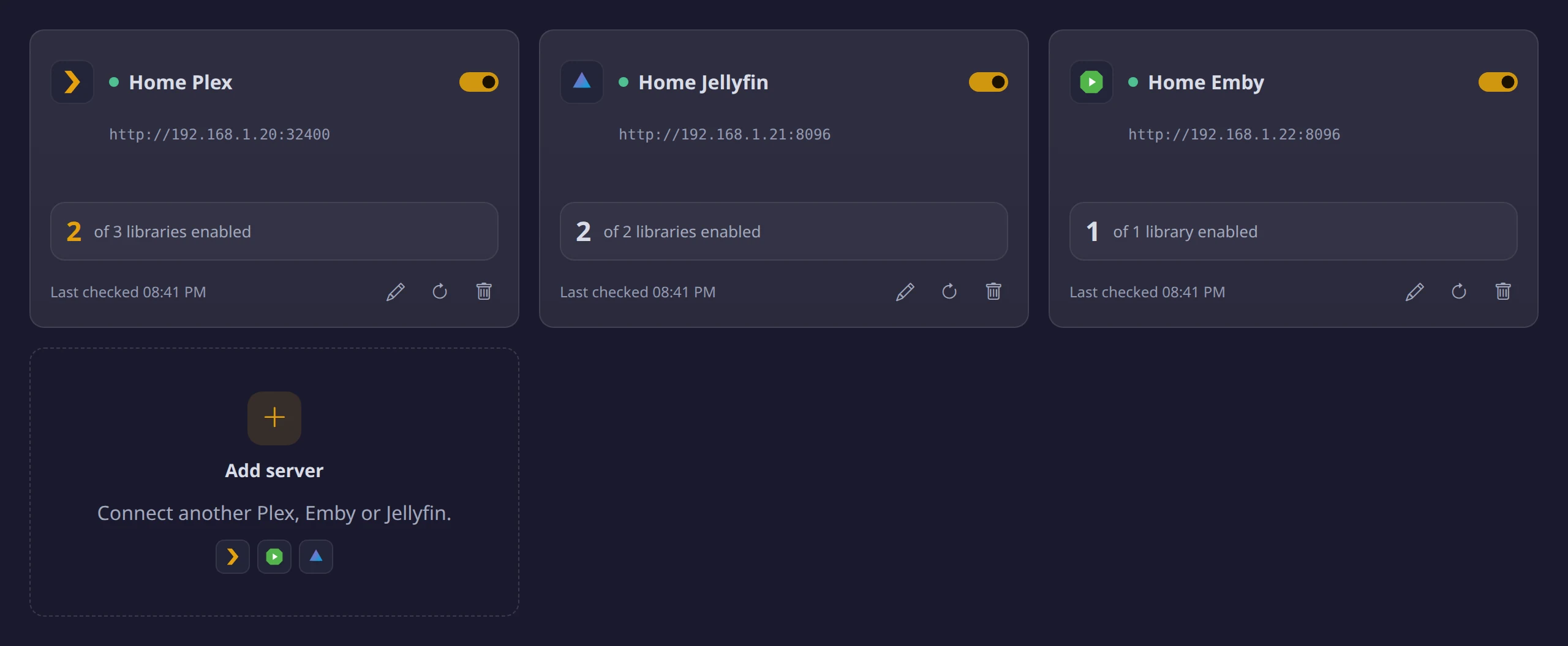 Servers page with one card each for Home Plex, Home Jellyfin and Home Emby, each showing its address and enabled libraries