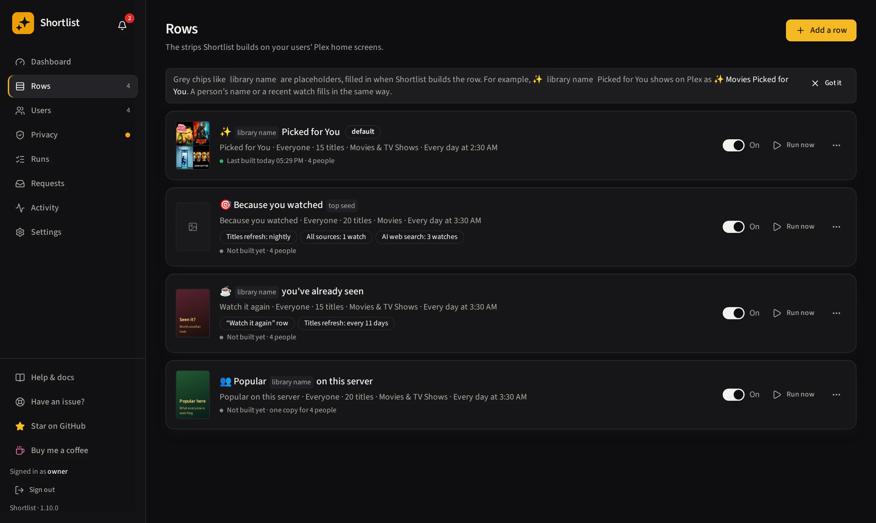 The rows page