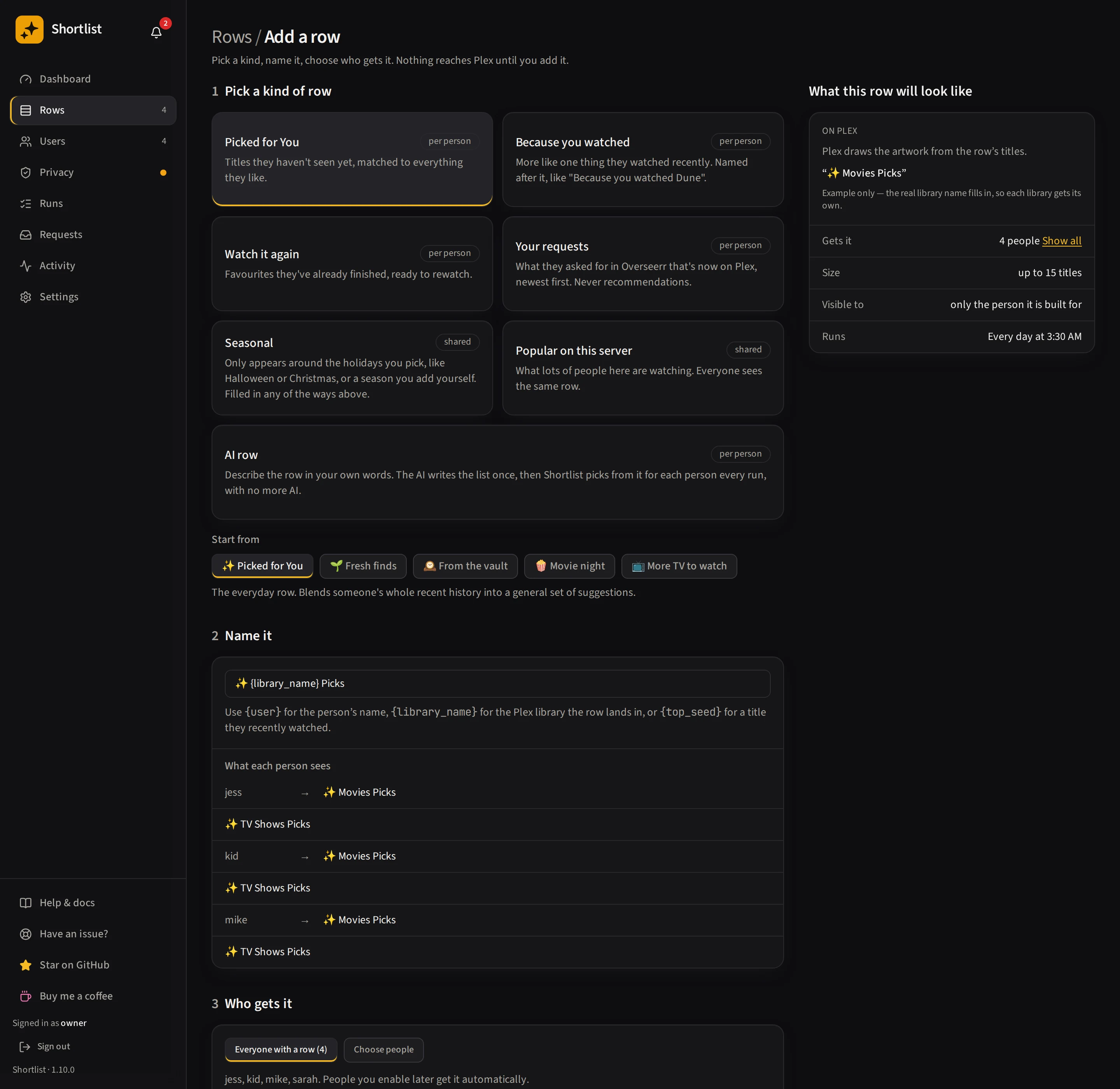 The Add a row page