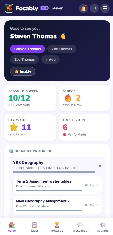 FocablyED parent dashboard — task progress, streak, trust score