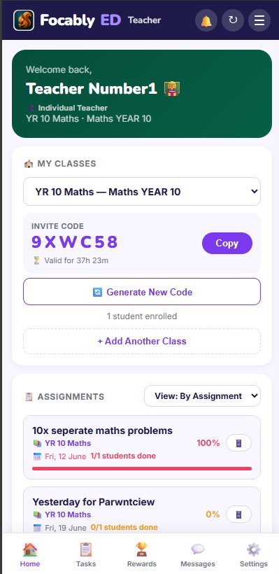 FocablyED teacher dashboard — classes, invite codes, assignments