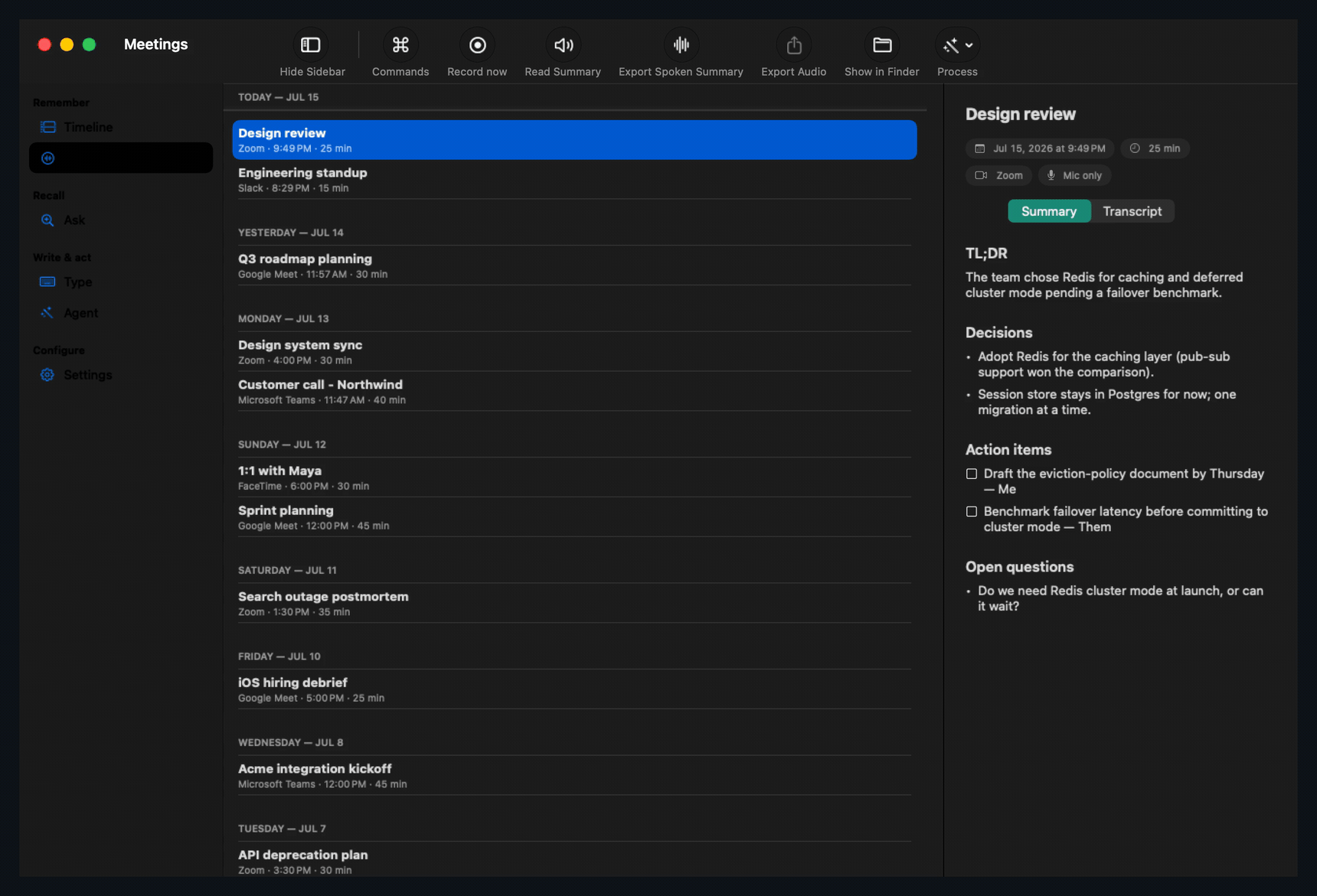 Browsing meeting recaps and speaker-labeled transcripts