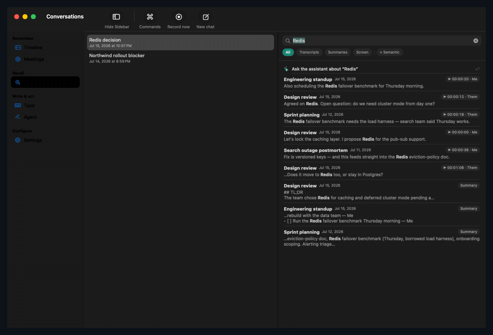 Searching across meetings, results highlighted