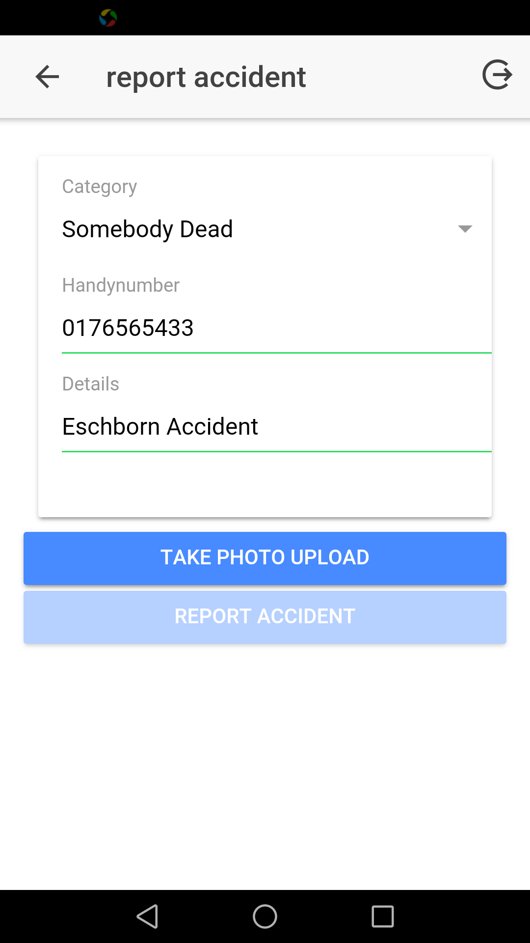 report accident with  handynumber,details,  photo, gps location automatically