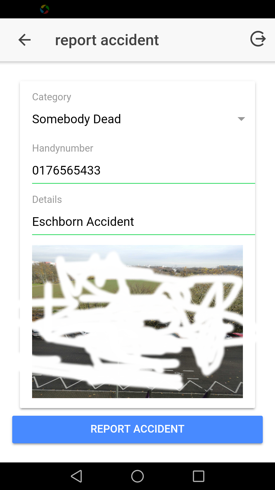 report accident with  handynumber,details,  photo, gps location automatically