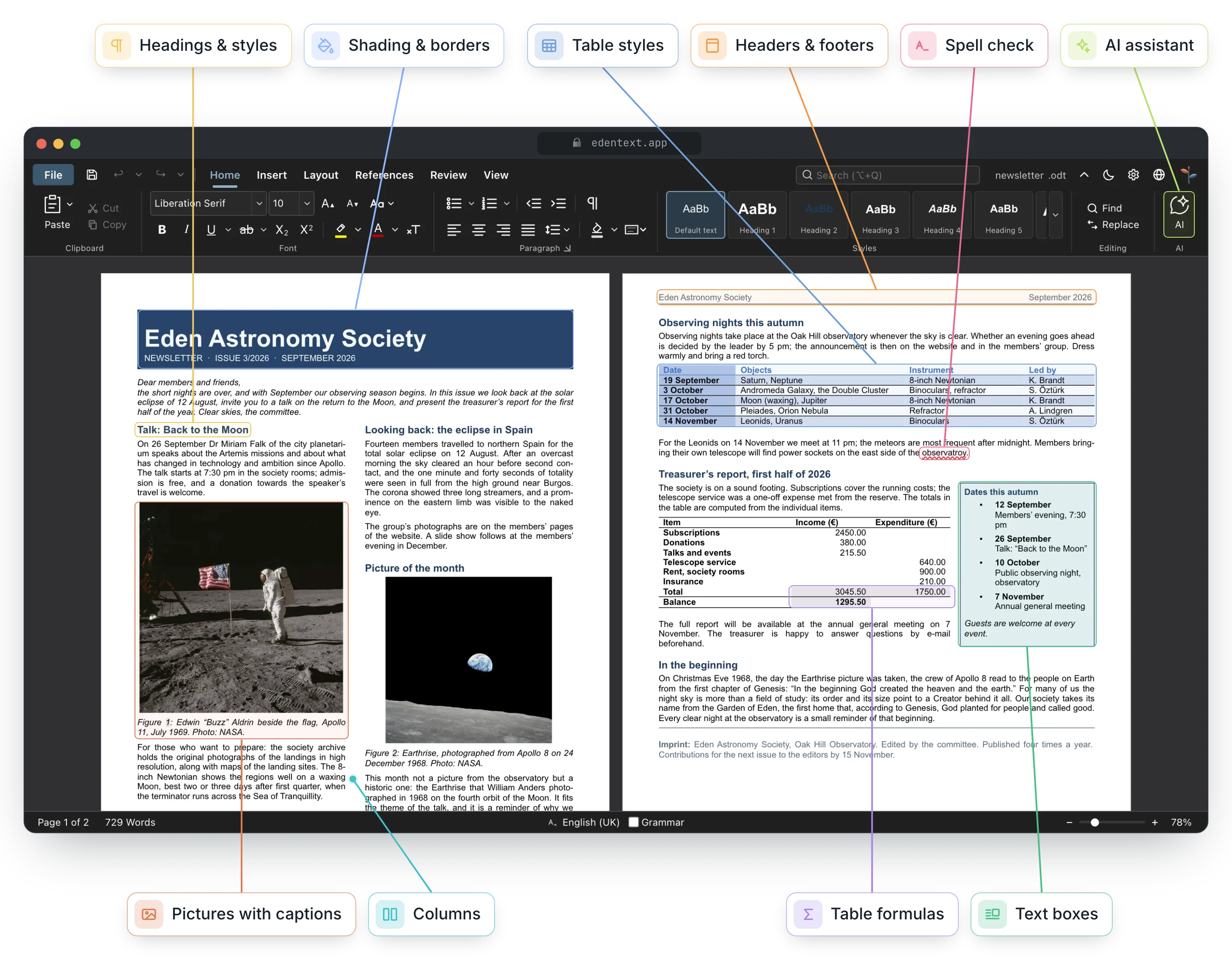 EdenText editing a two-column newsletter, with its features marked