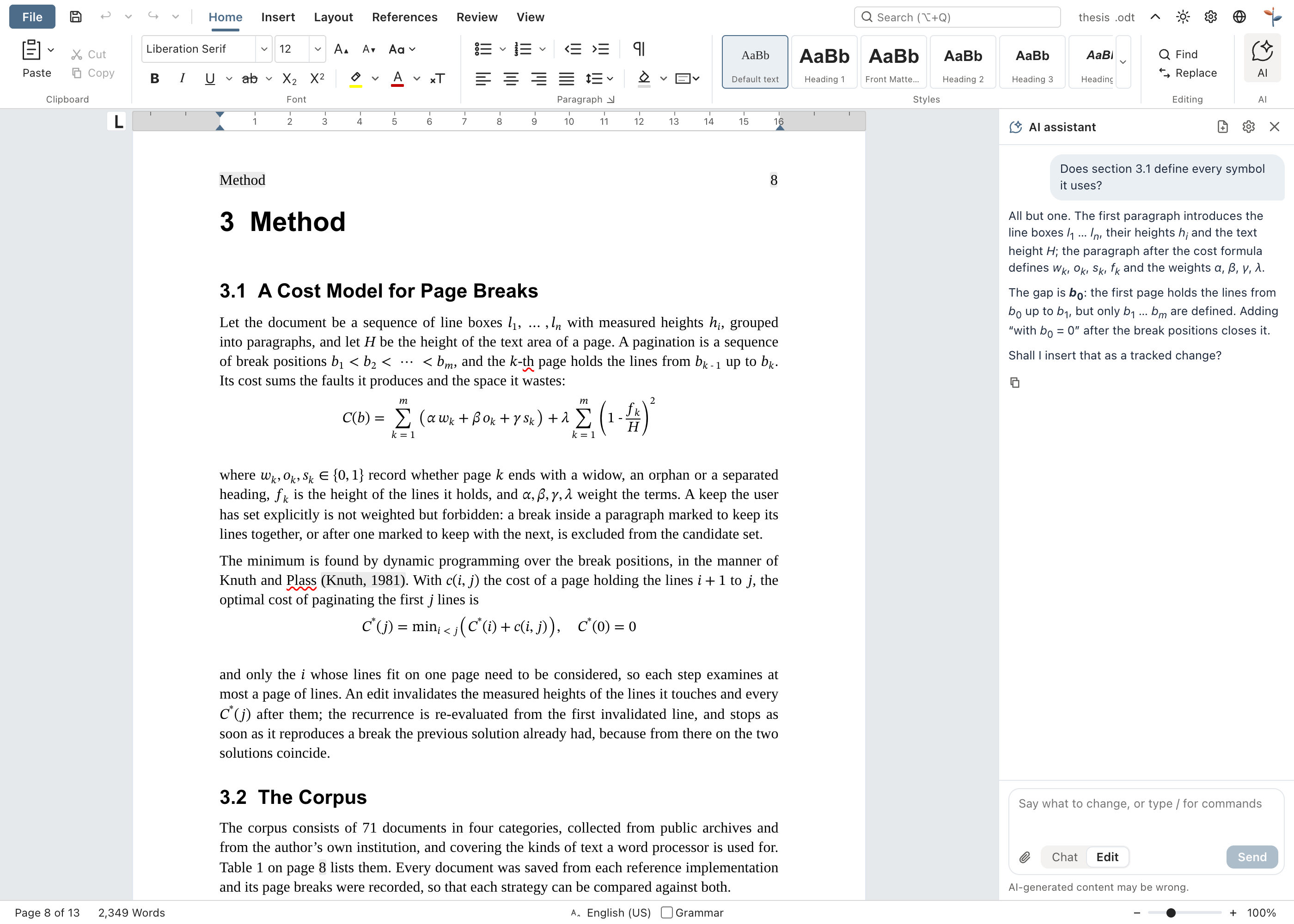 EdenText editing a thesis: numbered chapters, formulas and a running header