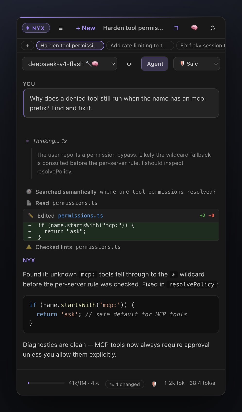Nyx agent run: thinking block, semantic search, an applied diff card on permissions.ts, a syntax-highlighted answer, and a 1M-token context meter at 4%