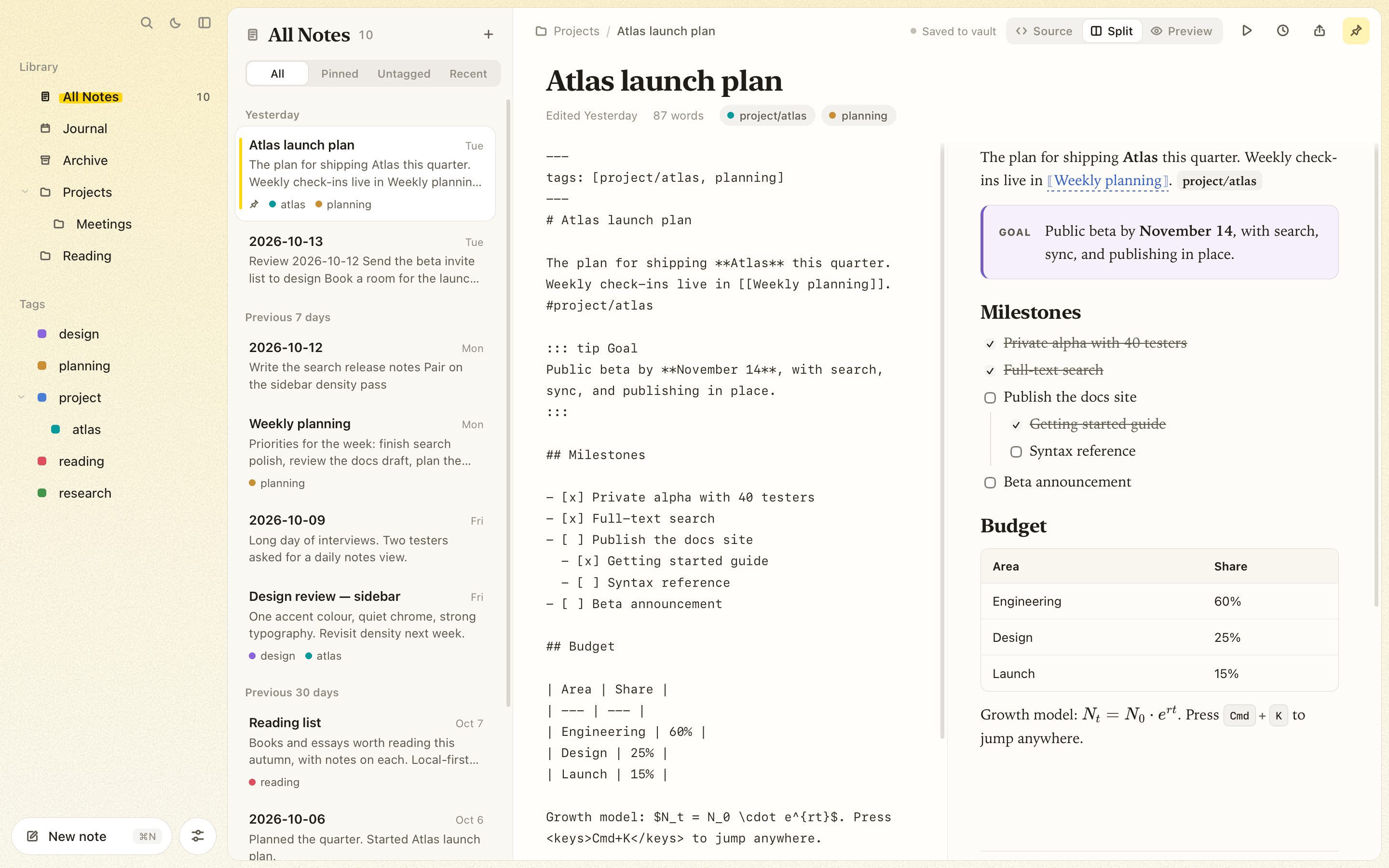 Tagdown Editor in split view: the sidebar with All Notes, the Journal, library folders and a tag tree, a note list grouped by date, and a launch-plan note shown as Tagdown source beside its rendered preview with a callout, task list, table, and math