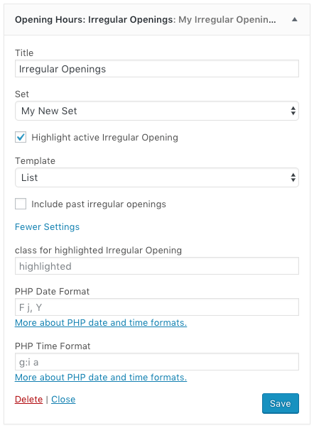 Irregular Openings Widget options