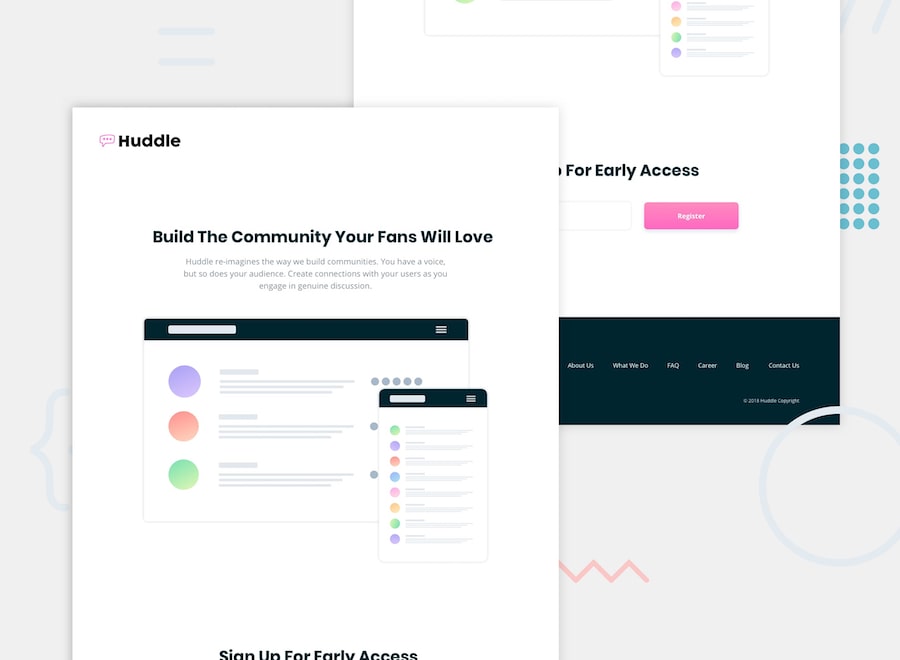 Header/intro section for the Huddle landing page with single column layout