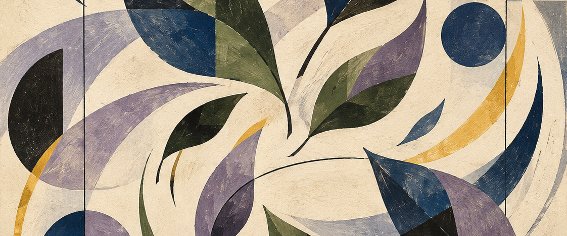 StickyFlow: geometric leaves, circles and arcs in blue, violet, green and gold