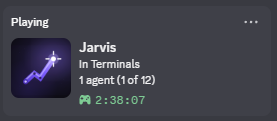 Discord Rich Presence — playing Jarvis, in Terminals, 1 agent (1 of 12), 2:38:07