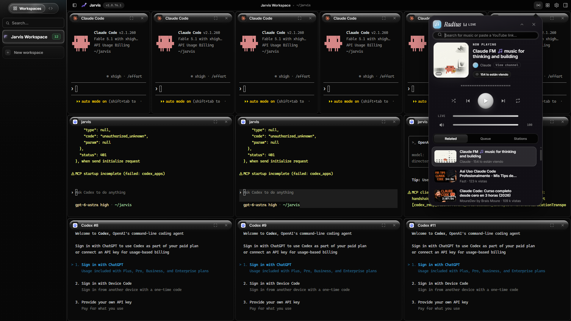 Radio — music search and playback open over the agent grid