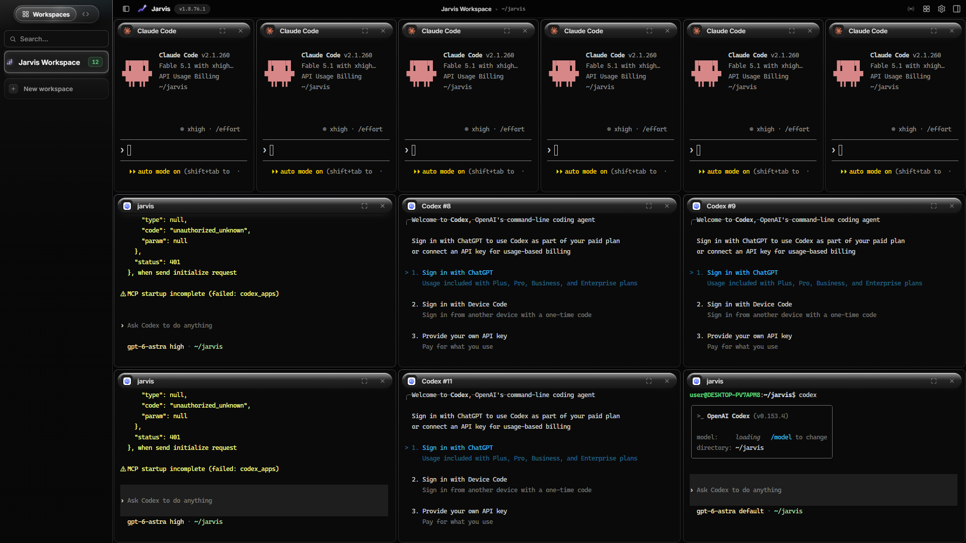 Jarvis Workspace — a live grid of Claude Code, Codex, and shell agents on the same project