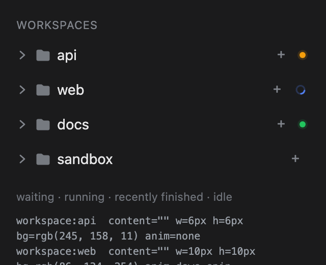 Four sidebar rows: api waiting (amber dot), web running (blue ring), docs recently finished (green dot), sandbox idle (no mark)