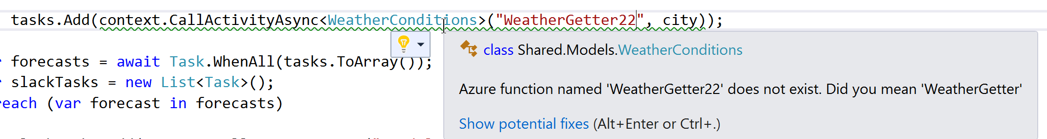 An example of one of the analyzers finding an incorrectly named function call