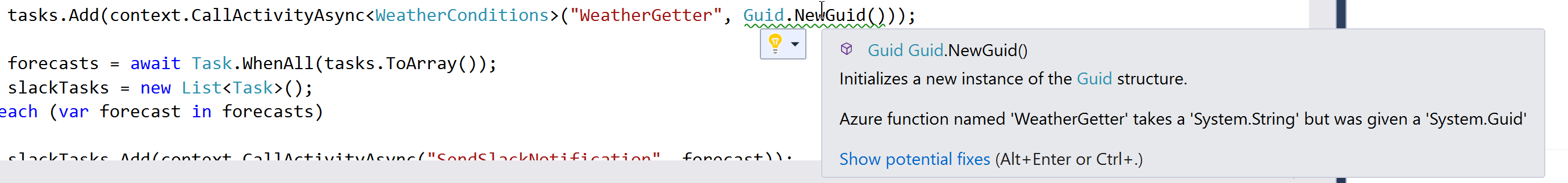 An example of one of the analyzers finding a function call with the wrong argument type