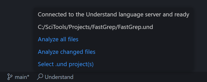 Screenshot of the status item showing "Connected to the Understand language server"