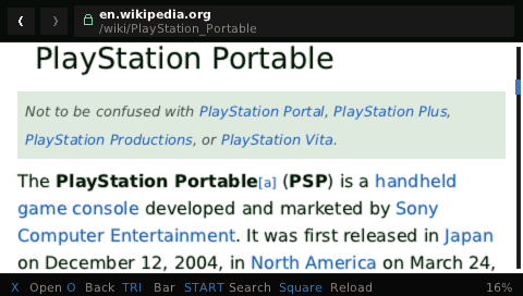 The Wikipedia PlayStation Portable article reflowed in Tilefinch Reader mode