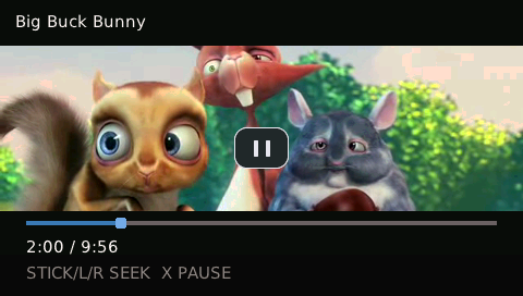 Tilefinch's video overlay—Big Buck Bunny title, pause control, scrubber, and timestamps—over a Big Buck Bunny frame