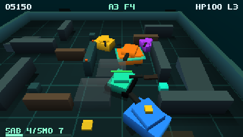 Treadline Arena on the PSP: the jade player tank in a close fight with blue, yellow, orange and purple bots, with the score, armor and loadout HUD drawn in the canvas