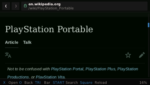 The Wikipedia PlayStation Portable article rendered with Tilefinch forced dark mode