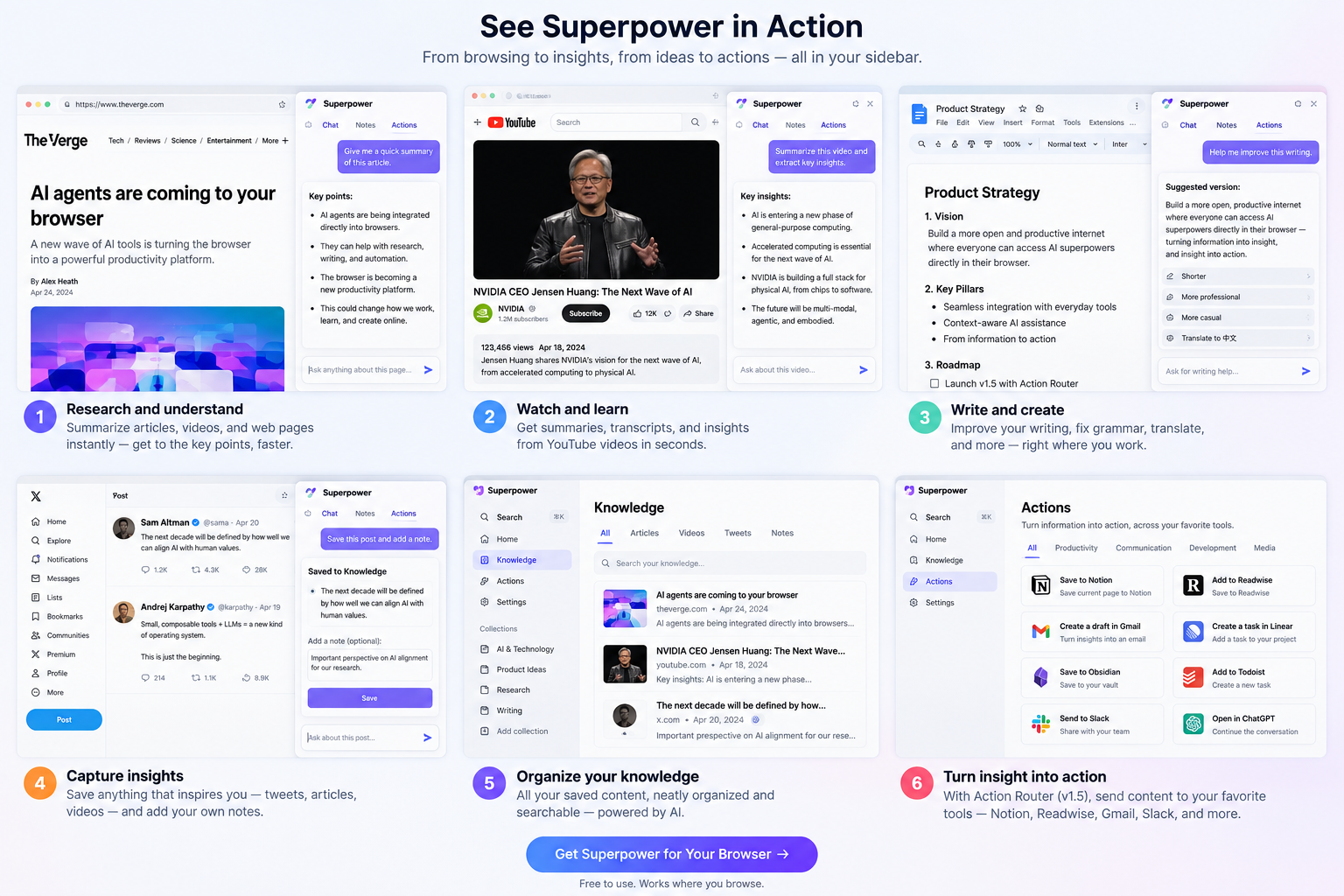 Illustrative Superpower workflow gallery from research and writing to organized actions