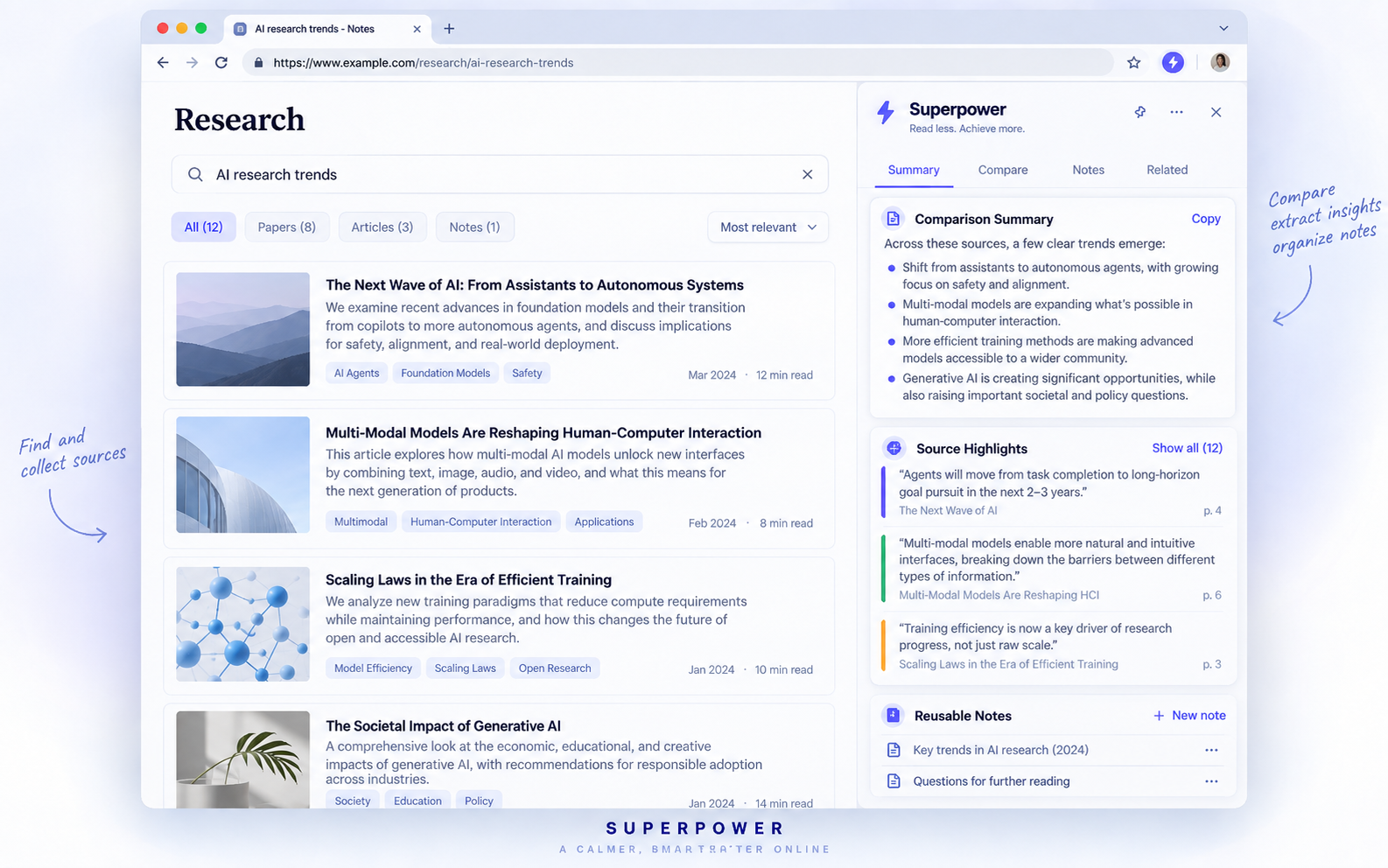 Example Superpower research workflow for comparing sources, extracting insights and organizing notes