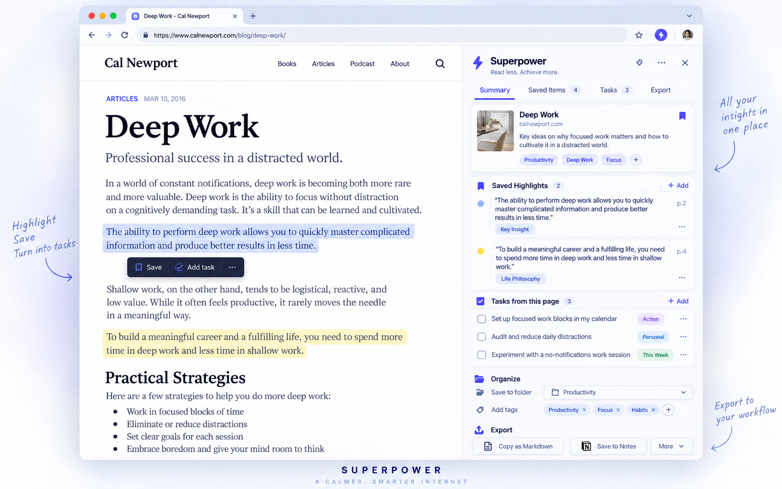 Example Superpower workflow for saving highlights, creating tasks and exporting notes