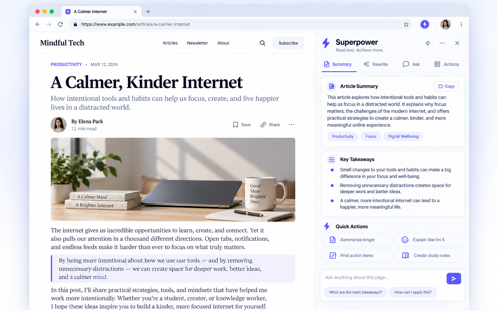 Example Superpower article summarization workflow with key points and contextual follow-up questions