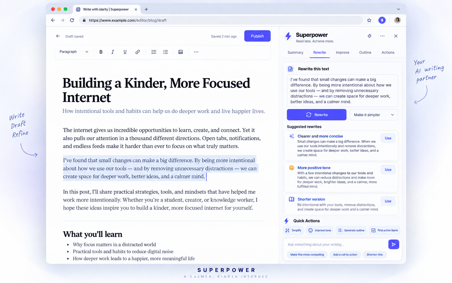 Example Superpower writing workflow with rewrite, tone and outline actions