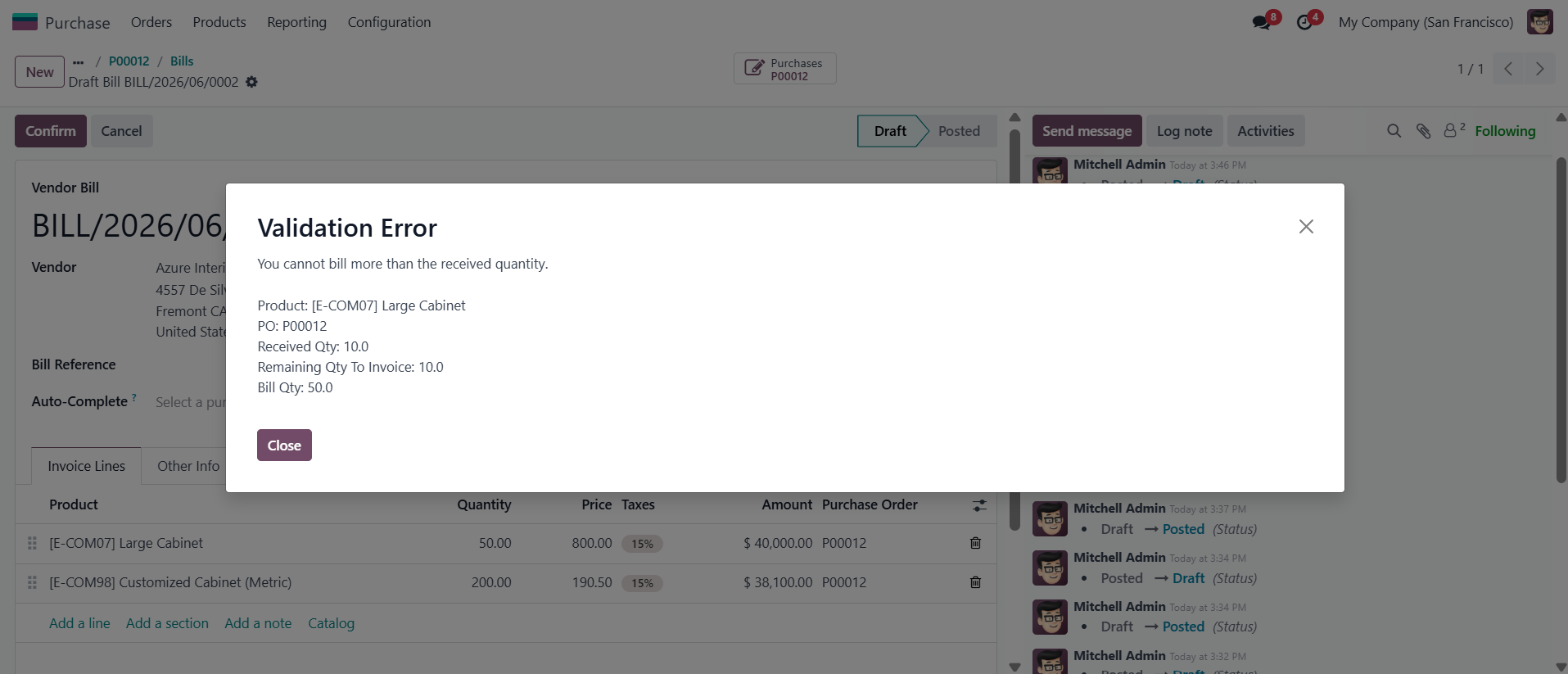 Vendor Bill Validation Example