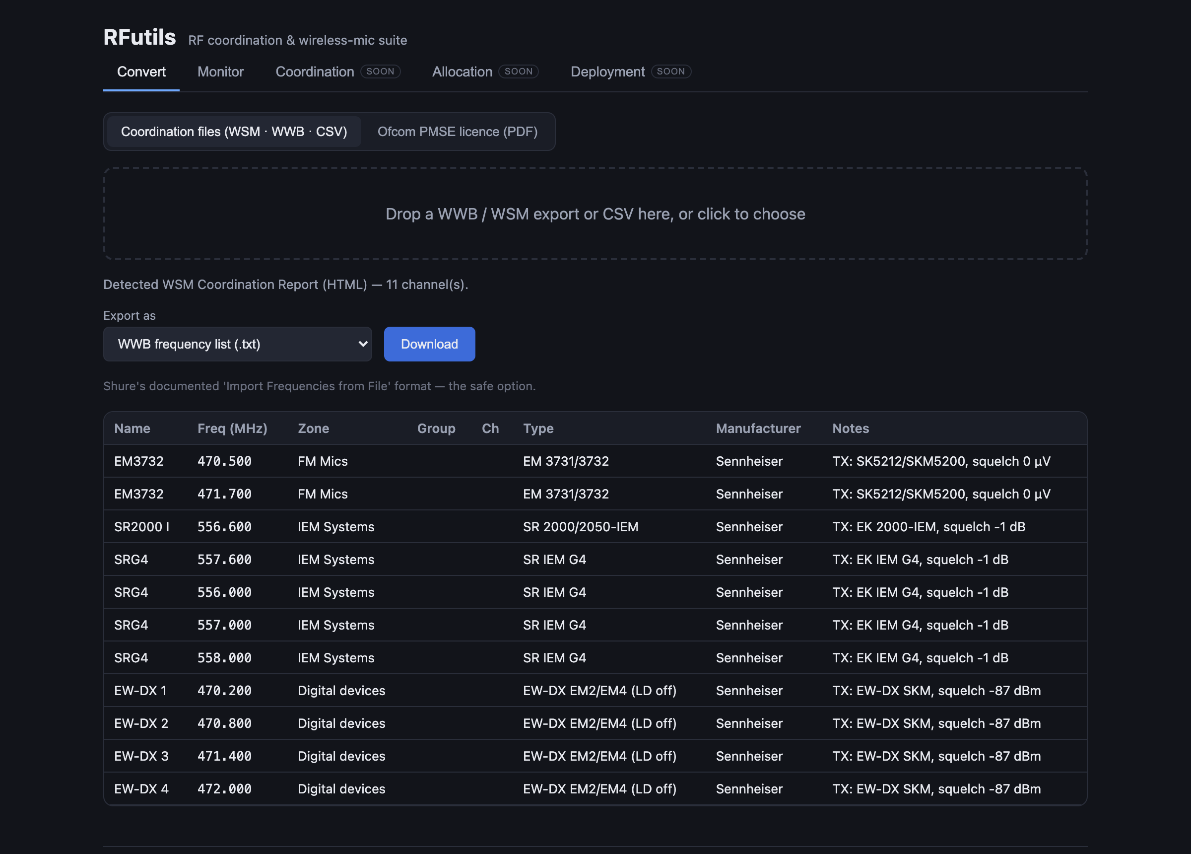 RFutils Convert tab: a Sennheiser WSM Coordination Report parsed into the channel table with an export-format picker