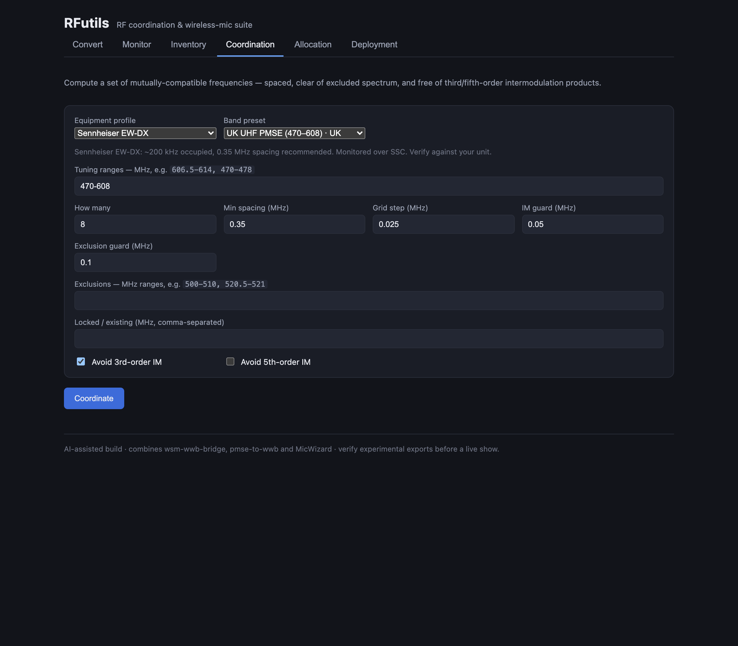 RFutils Coordination tab: an equipment profile (Sennheiser EW-DX) and band preset (UK UHF PMSE 470–608) selected, with tuning ranges, spacing, IM-guard and third/fifth-order intermodulation options