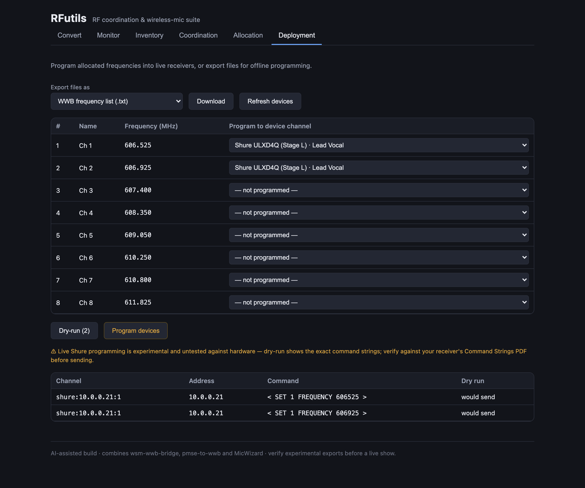 RFutils Deployment tab: allocated frequencies bound to live device channels with a dry-run showing the exact Shure command strings