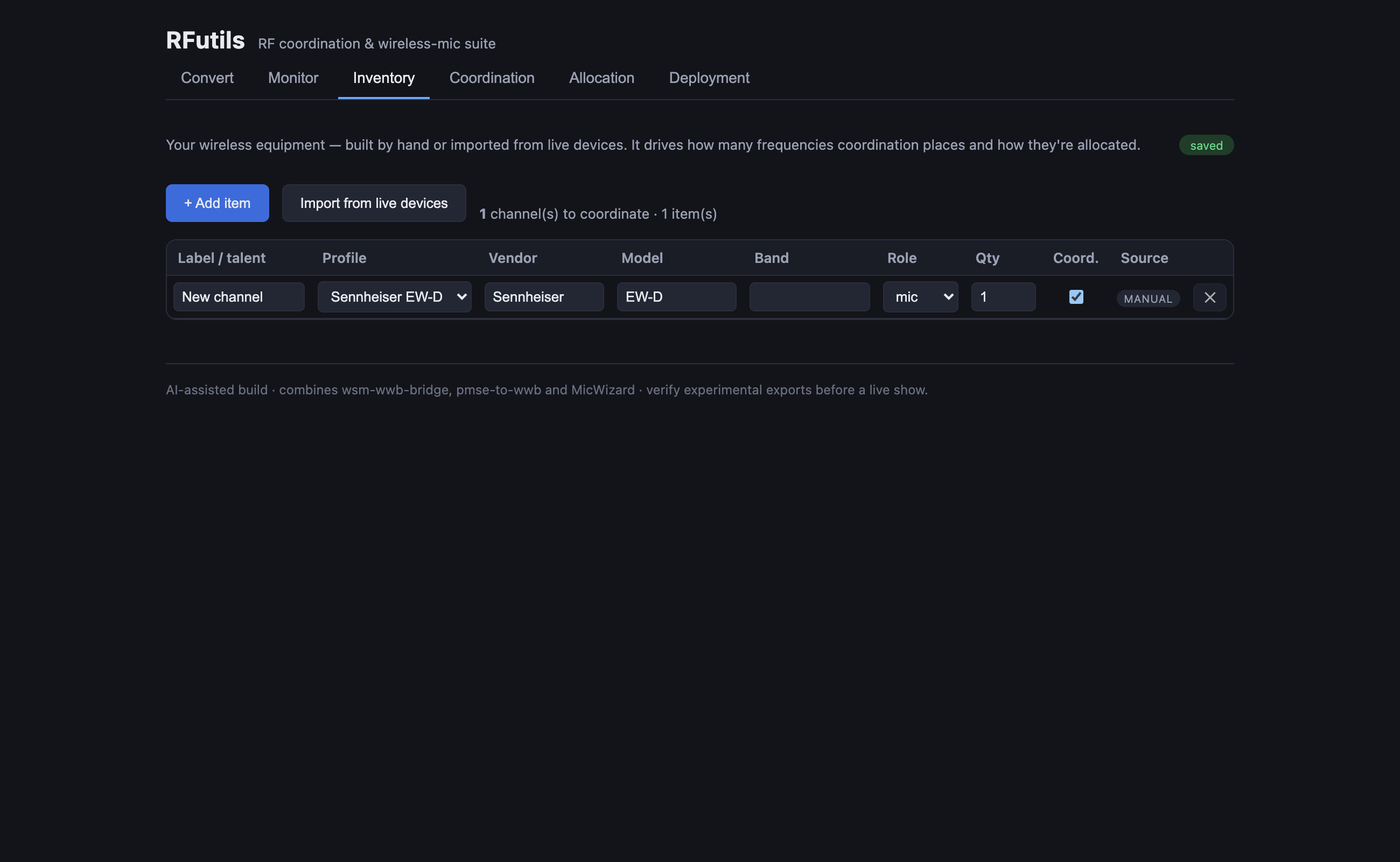 RFutils Inventory tab: an equipment list with Label/talent, Profile, Vendor, Model, Band, Role, Qty and coordinate columns, plus Add item / Import from live devices