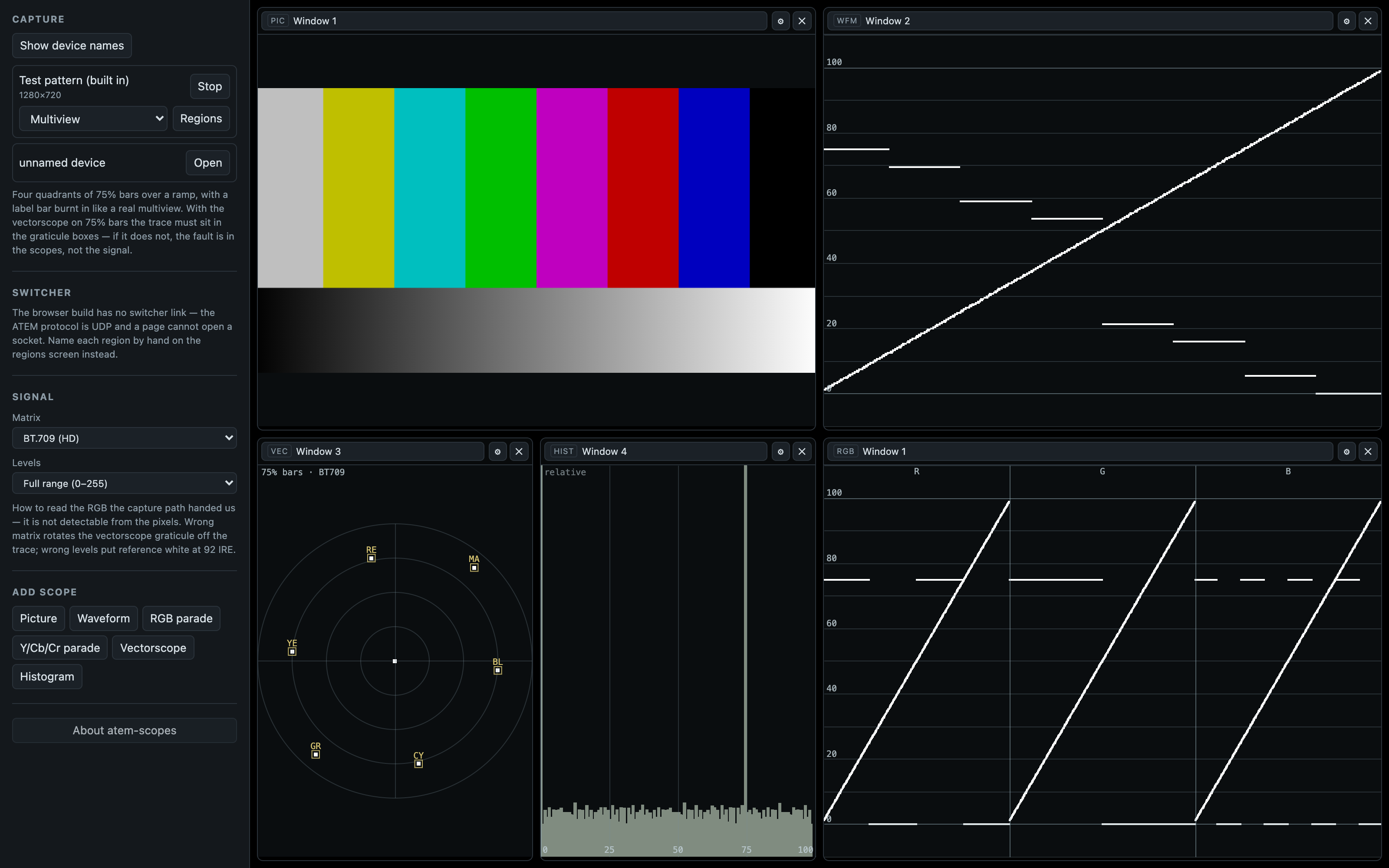 The browser build in demo mode: the built-in test pattern in four multiview windows with a waveform, vectorscope, histogram and RGB parade