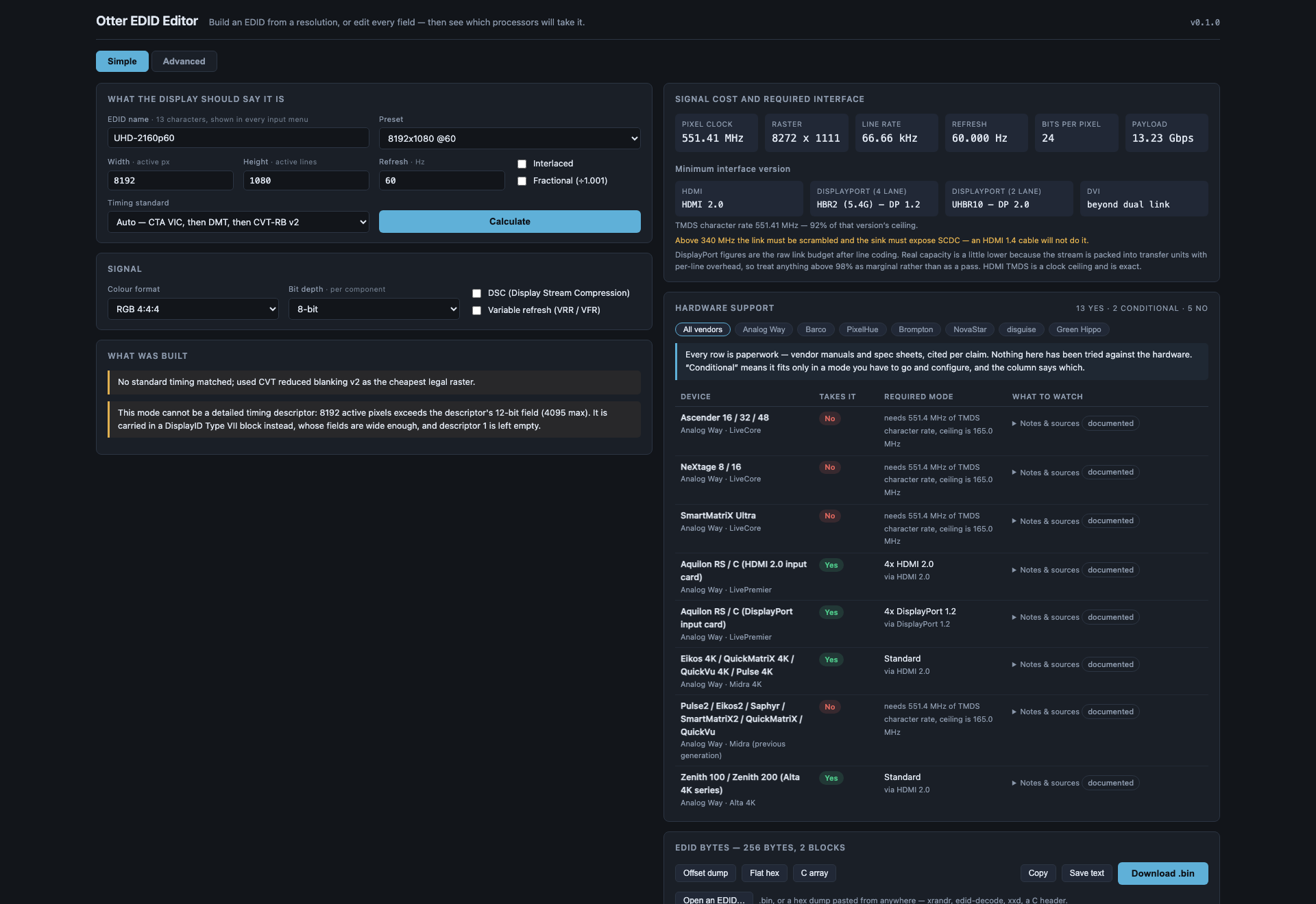 EDID Editor building an 8192 × 1080 @ 60 EDID: the raster it needed, the signal cost, and the per-processor support table