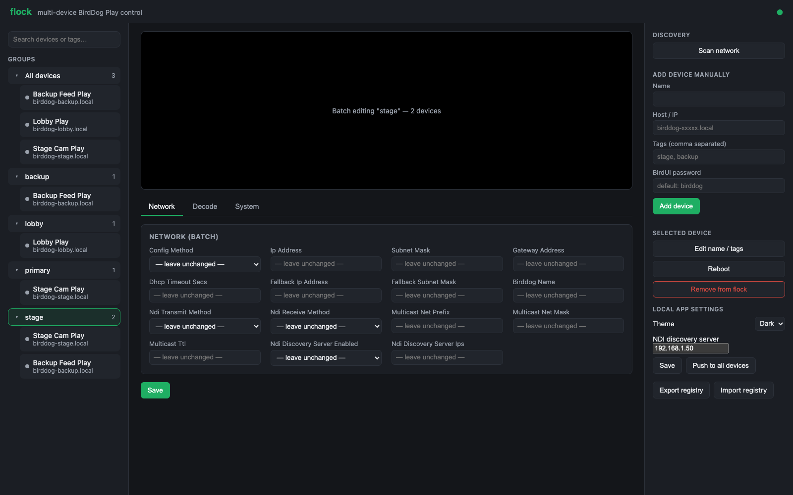 flock batch-editing the Network tab for a two-device group, all fields blank except one changed field