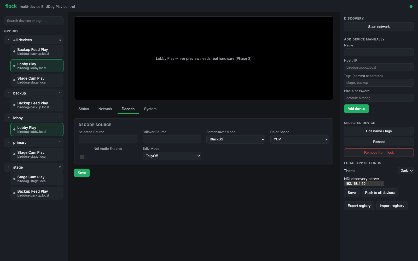 flock Decode tab showing NDI source and failover fields