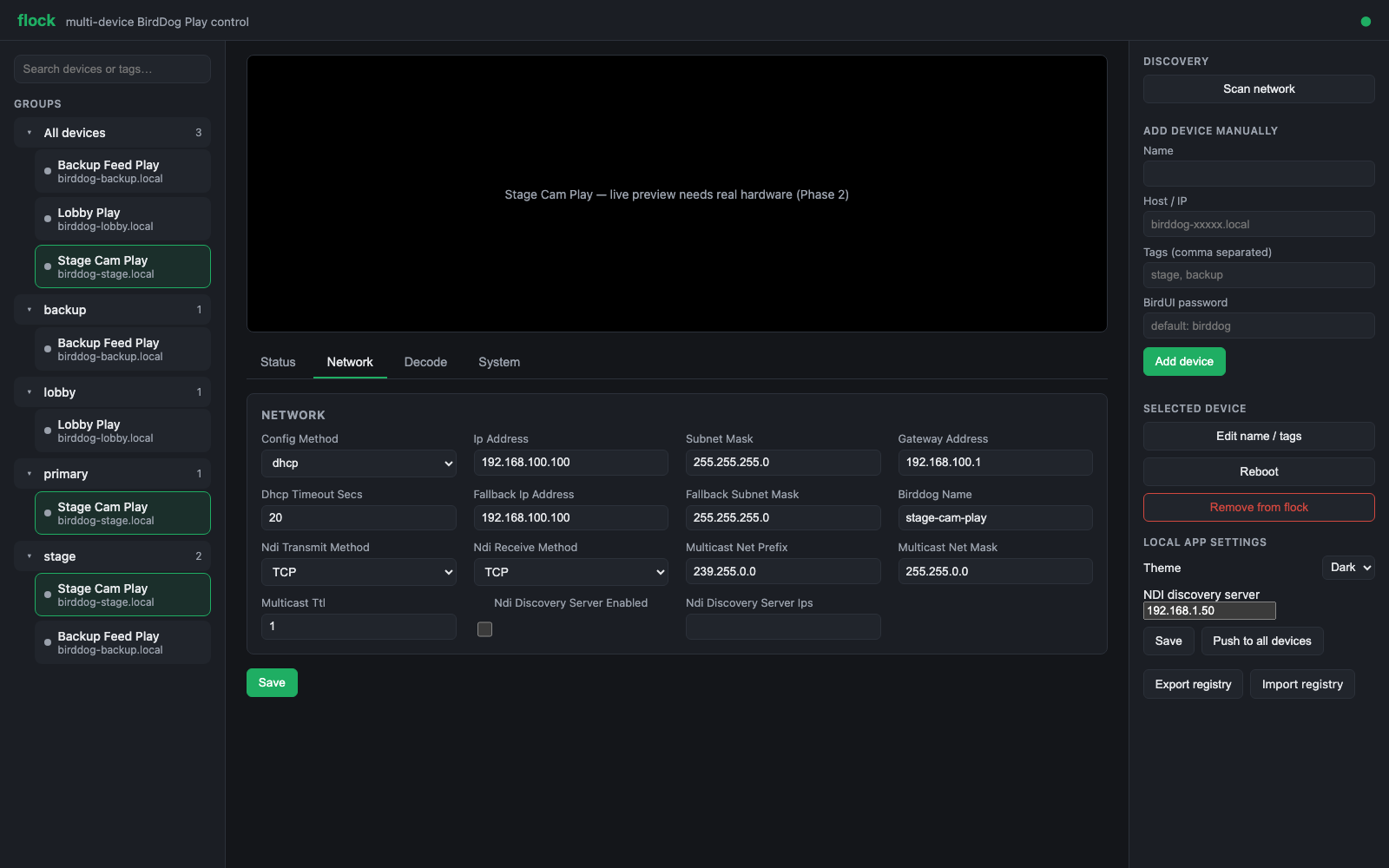 flock Network tab with DHCP/static, NDI transmit method, and multicast fields