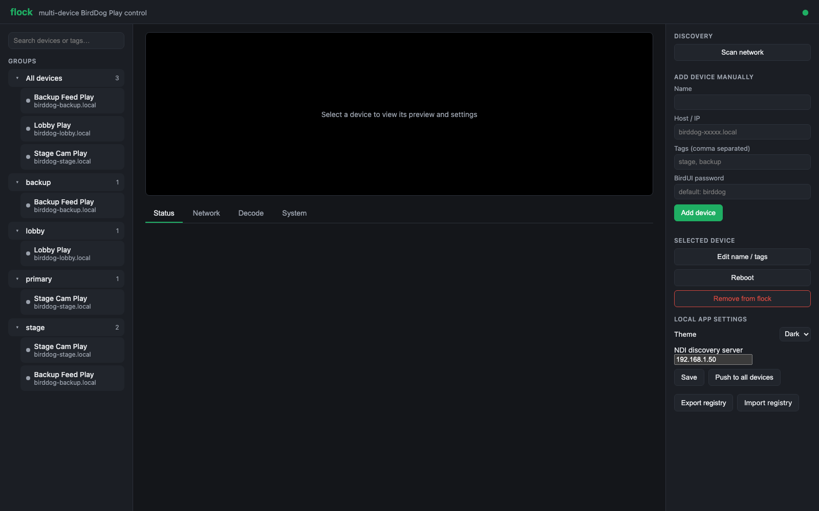 flock overview: nested group tree with devices under All devices/backup/lobby/primary/stage, no device selected yet