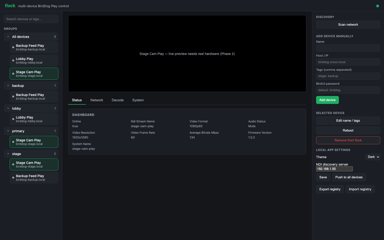 flock Status tab showing a device's dashboard summary